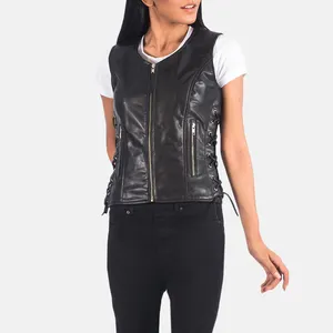 Groothandel Prijs Aangepaste Ontwerp 2022 Fashion Bulk Hoeveelheid Vanda Black Leather Biker Vest Voor Vrouwen Met Zware Rits Hoge Kwaliteit