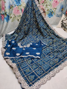 Nuevo trabajo de secuencia de Jari impreso y codificado de Bandhani Bhanej en la frontera para mujeres Sari de seda de fiesta Formal - Product Image 3