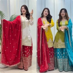 Travail de fantaisie de concepteur lourd nouvelle soie de Chinon pure avec haut de travail de séquence brodé lourd et palazzo avec ensemble de costume Dupatta - Product Image 1