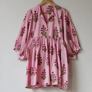 เดรสมิดิลำลองสไตล์โบฮีเมียนสำหรับผู้หญิงใส่ในฤดูร้อนเดรสมินิพิมพ์ลายดอกไม้ทำจากผ้าฝ้ายสไตล์โบฮีเมียนสำหรับใส่ - Product Image 1