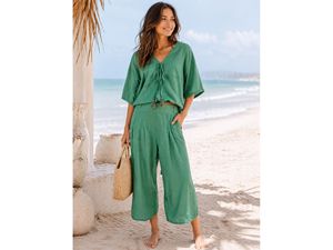 Ensemble deux pièces pour femmes, haut à manches courtes col en V, pantalon large avec poche, vert uni, style bohème, coupe ample, printemps été, décontracté - Product Image 6