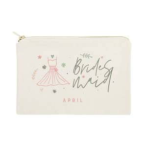 กระเป๋าเครื่องสำอางผ้าแคนวาสลายดอกไม้แบบพกพาสำหรับเพื่อนเจ้าสาว ดีไซน์ลายตัวอักษร - Product Image 1