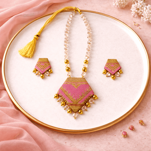 Handmade Fine Jewelry <b>Set</b> Luxury Assamese Gamusa Pink Muga Silk Necklace with <b>Crystal</b> Beads and Earrings for Weddings - Product Image 1