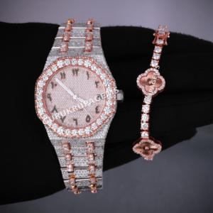 Reloj de Plata 925 con Incrustaciones de Moissanita y Conjunto de Pulsera de Trébol a Juego, Joyería de Lujo Hip Hop en Dos Tonos - Product Image 1