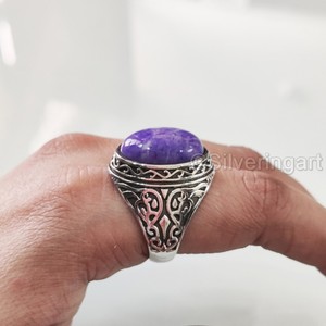 Nouvelle Arrivée Bague pour Homme en Argent Sterling 925 avec Pierre Précieuse Naturelle Charoïte Pierre de Naissance, Toutes Tailles, Bijoux Ottoman de Noël - Product Image 2