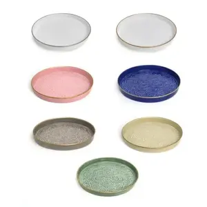 Bandeja decorativa para servir de metal esmaltado con revestimiento de polvo gris, diseño en relieve, forma redonda, la mejor calidad para servir - Product Image 5