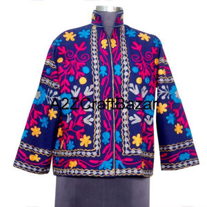 Manteau d'hiver à broderies florales pour hommes et femmes, veste en tissu de coton canard fait main, style hippie à points ouverts, tricoté pour l'automne - Product Image 1