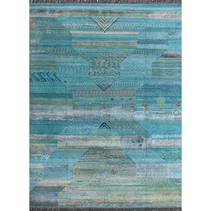 Tapis en laine et soie de bambou noué à la main Freedom Manchaha bleu, motif patchwork, tapis de salon - Les-8238 - Product Image 1