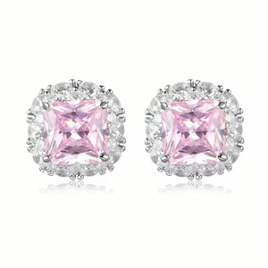 Boucles d'oreilles clous Art Déco tendance de luxe pour femme en argent 925, zircon rose, plaqué or rhodié, motif géométrique, cadeau - Product Image 1