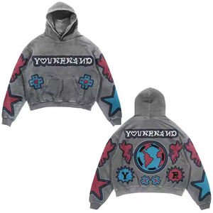 Sudaderas con capucha cortas bordadas con apliques desgastados de chenilla lavada con piedra Vintage con logotipo personalizado más vendida para invierno teñido liso - Product Image 5