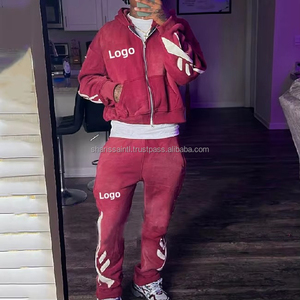 Chándales de algodón de alta calidad personalizados para hombre, conjunto de pantalones de chándal acampanados y Sudadera con capucha, ropa informal lavada con ácido, chándal para invierno - Product Image 1