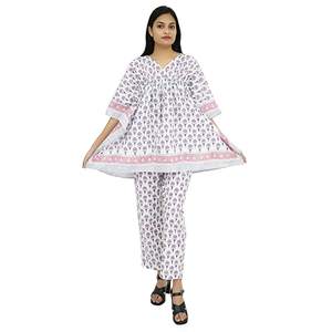 Vestidos caftán de estilo europeo Premium, estampado multicolor, tela flameada, pantalón de encaje pesado, conjunto informal de fiesta de noche, tamaño libre Natural - Product Image 1