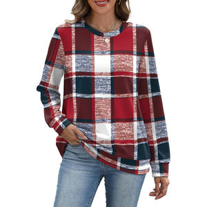 Red Blue Crewneck Fall Women's Solid Long Sleeve Sweatshirts with 3D Embroidery Front Design Trendy Pullover Tops - Product Image 1