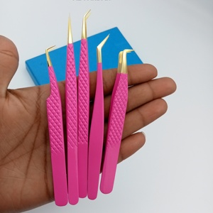 แหนบต่อขนตาสแตนเลสอย่างดี สีชมพูสด ปลายสีทอง จับแบบเพชร ปลายไฟเบอร์ - Product Image 6