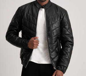 Blouson Bomber en Cuir PU pour Homme, Design Matelassé, Coupe-Vent, Fermeture Éclair, Col Rabattu, Couleur Unie, Vêtement d'Automne - Product Image 1