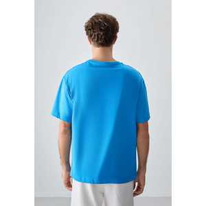 T-shirt pour homme 100% coton bleu pétrole, épais, doux, texturé, coupe ample avec motif imprimé - 88357, fabriqué en tissu jersey - Product Image 2