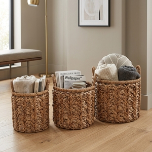 Ensemble de paniers de rangement en écorce de bananier naturelle avec cadre en fer, poignée en chevron tressé, pot cylindrique, décoration artistique pour la maison - Product Image 5