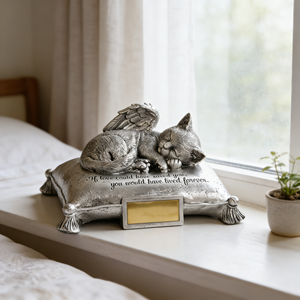 Urne funéraire personnalisable en résine pour cendres <span class=keywords><strong>de</strong></span> chat (En stock aux États-Unis, livraison rapide) - Design Chaton Ange sur Oreiller, Plaque dorée gravable - Product Image 5