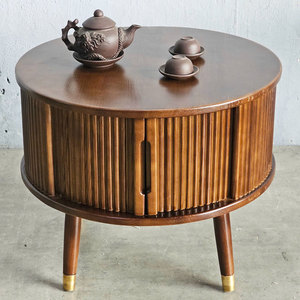 Round Ash Wood <b>Coffee</b> <b>Table</b> with Sliding Doors and Rubber Wood Veneer Top Farmhouse Style Living Room Furniture-TT68260 - Product Image 4
