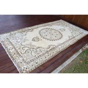 Tapis turc vintage, grand tapis de 4,6 x 8,7 pieds, tapis en laine blanc et marron à pois - Product Image 2