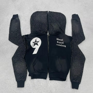 Custom <b>Y2k</b> High Quality Sun Faded Heavyweight 400gsm Vintage Acid Wash Zipper Boxy Fit Zip up Rhinestone <b>Hoodie</b> for Men - Product Image 4