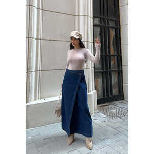 Jupe longue en jean pour femme avec rabat, vêtement d'extérieur tendance - Product Image 6