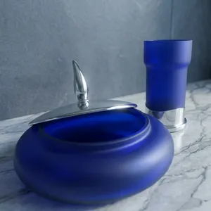 Two Piece Hand-blown Frosted Blue Murano Glass <b>Set</b> Includes Toothbrush Tumbler with Stainless Steel Base Jewelry Box Lid Italy - Product Image 1