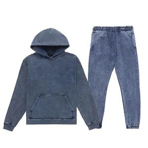 Venta al por mayor Joggers personalizado parche desgastado bordado Raw Flare Sudadera con capucha y pantalones de chándal conjunto hombre Zip Up ácido lavado chándal - Product Image 1