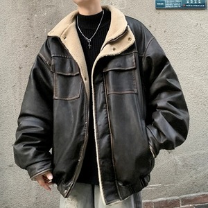 American Vintage Thicken Plus <b>Velvet</b> Pu Puffer <b>Jacket</b> <b>Men</b> Casual Warm Fleece Faux Leather Parkas <b>Mens</b> Winter Bubble Coat - Product Image 4