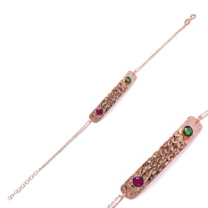 Colgante Rectangular de Plata con Diseño Martillado y Piedra de Rubí CZ, Doble, Hecho a Mano, Moderno, Turco, de Plata de Ley 925 para Mujer - Product Image 1