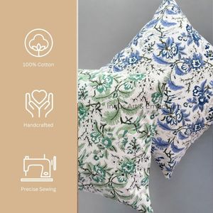 ปลอกหมอนผ้าฝ้ายพิมพ์ลายดอกไม้สี่เหลี่ยมสวยงาม สีฟ้าเขียว ของตกแต่งบ้าน - Product Image 2