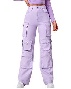 Pantalon cargo large en denim lavande pour femme, taille haute, avec plusieurs poches, style streetwear décontracté, fournisseur OEM - Product Image 1