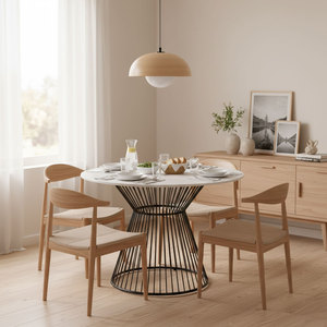 BA68181 Modern 100cm Round Dining <b>Table</b> Set Extendable <b>Wooden</b> <b>Table</b> with Stone <b>Top</b> and Artistic Iron Legs Easy Assembly - Product Image 2