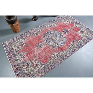 Alfombra turca Vintage de 3,6x6,6 pies, diseño de retazos rojo y azul, Material de lana, técnica de tejido plano de látex para decoraciones de sala de estar - Product Image 2