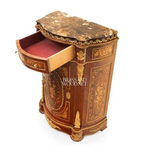 Mueble Zapatero de Lujo Estilo Francés con Tapa de Mármol Marrón, Marquetería Floral Intrincada y Detalles en Latón Dorado para Salón de Palacio - Product Image 4