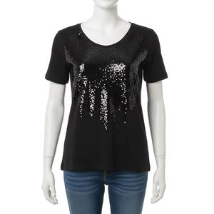 T-shirt en jersey écologique à col rond avec décoration pailletée Mélange de coton doux extensible Respirant Vêtements décontractés Vêtements de mode - Product Image 1