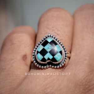 Anillo de cabujón hecho a mano de Plata de Ley 925, piedra preciosa a cuadros turquesa única, anillo de uso diario para bodas - Product Image 2