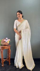 ชุดส่าหรีผ้าไหมพรีเมียม ประดับเลื่อม พร้อมสวมใส่ คอลเลคชั่นอินเดียสำหรับผู้หญิง มีสินค้าในสต็อก - Product Image 2