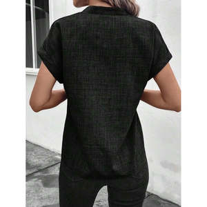 Women'<b>s</b> Short-Sleeved Mandarin Collar Sofia <b>Blouse</b>, 35751 - Black - Product Image 3
