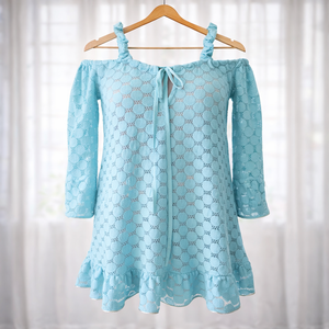 Vestido de Encaje Femenino Fresco, Transpirable, Ecológico, Antiarrugas, Cuello en V, Mini, Ajustado, con Vuelo, Manga Larga, Tirantes Elásticos, Natural - Product Image 1