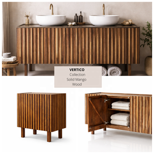 Meuble TV VERTICO en bois de manguier massif à nervures |   Meuble de rangement pour salon avec 2 étagères et 2 compartiments |   Hôtel Moderne - Product Image 4