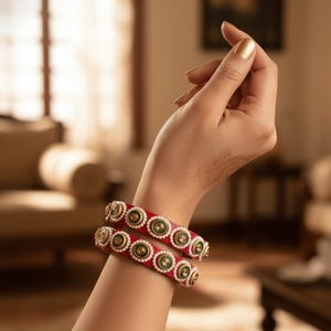 Royal <b>Red</b> Lac Pearl <b>Bracelets</b> & Bangles with Medallion Motifs - Product Image 3