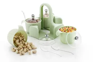Boîte à fruits secs en plastique Cresta, plateau rond en plastique à 4 compartiments avec couvercles relevables, 4 cuillères, plateau antidérapant, multi-usages - Product Image 5