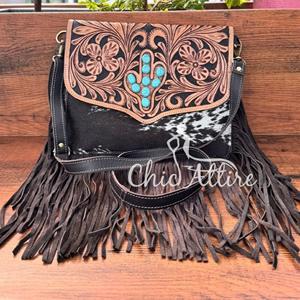Cheveux faits à la main sur cuir repoussé Cactus Turquoise pierre frange sac à bandoulière Western en cuir véritable dissimuler transporter sac à main pour femme - Product Image 1