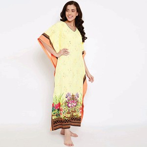 Fabricación personalizada Slim Fit poliéster Crape cuello redondo con lazo amarillo y melocotón impreso Maxi Kaftan - Product Image 3