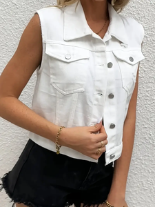 Blanc déchiré trou Denim gilet sans manches simple boutonnage bouton poches à rabat revers Denim gilet femmes Denim vêtements - Product Image 3