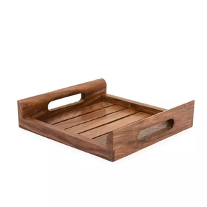 Plateau de service en bois naturel avec plateau à poignée en cuir marron foncé pour servir des aliments et des boissons et comme pièce décorative - Product Image 4