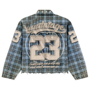 T-shirt à manches longues en coton vintage lavé de haute qualité, style streetwear personnalisé, chemise en flanelle à carreaux avec strass pour hommes - Product Image 4