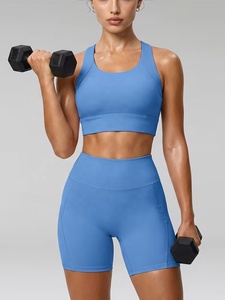 Custom <b>Blue</b> 2 Piece Yoga Set Racerback Crop Top High Waist Shorts Seamless With Pockets Four Way Stretch Spandex Polyester - Product Image 5
