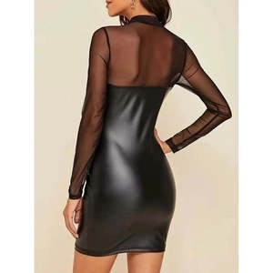 Women's Long-Sleeved <b>Turtleneck</b> Mini Leather Dress with Tulle Details, 29907 - <b>Black</b> - Product Image 3